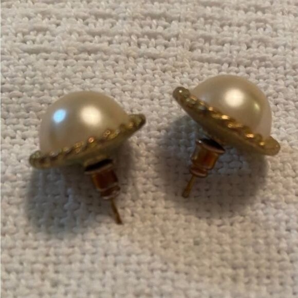 Faux Pearl Earrings with Gold Trim Pierced - Picture 2 of 3
